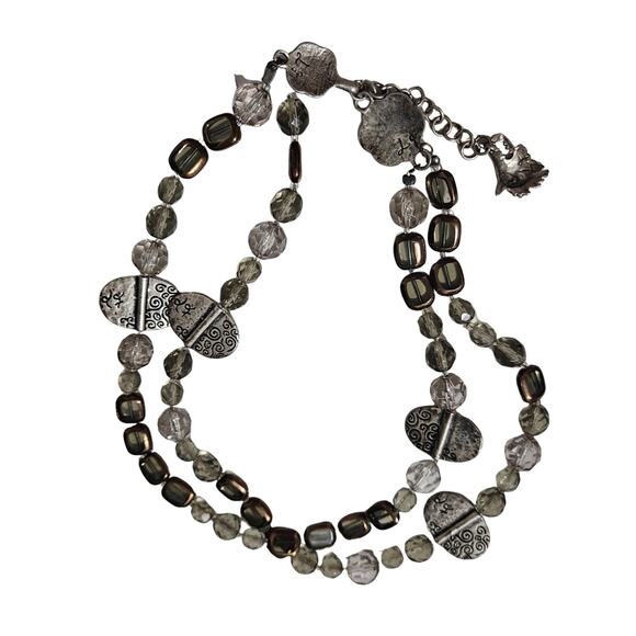 Smoky Bronze Clear Glass Double Strand Beaded Choker Necklace Silver Charms - Picture 2 of 7